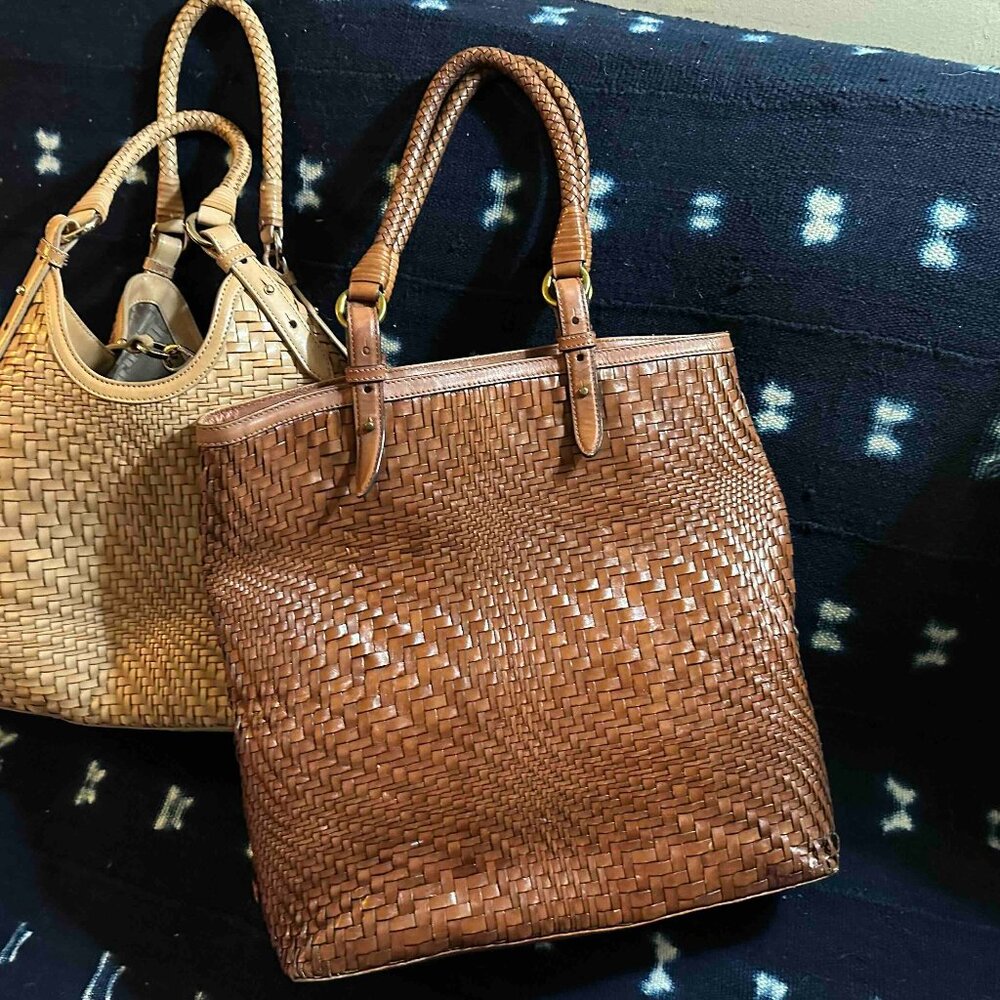 XL Cole Haan Vintage Woven "Genevieve" Italian Leather Tote brown